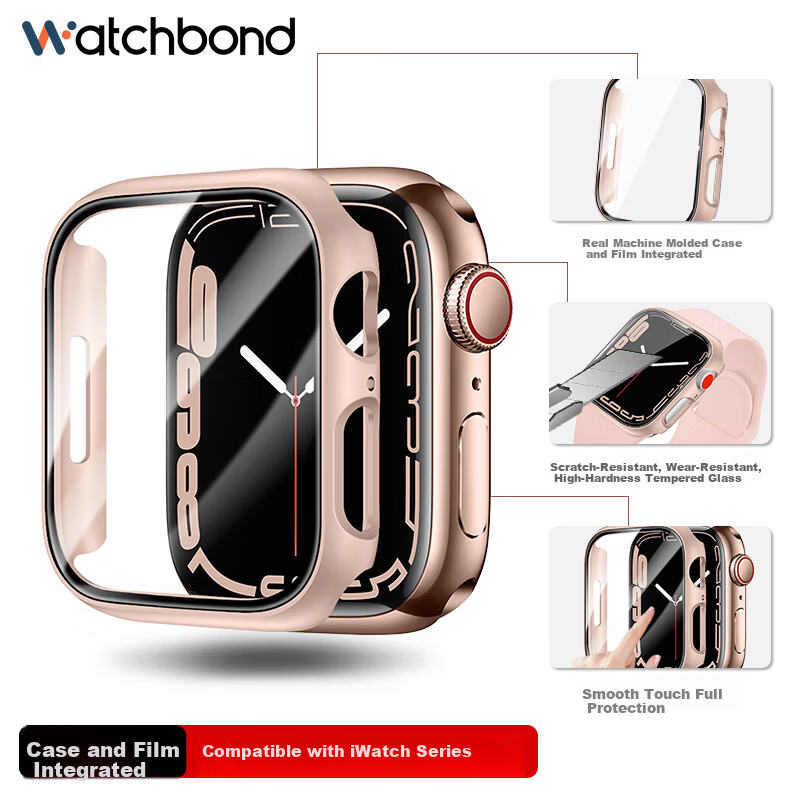 Watchbond Apple Watch S10/S11 46mm Pink Sand Protective Case and Tempered Glass Screen Protector for Women Compatible with iWatch S10/S11/S8/S7