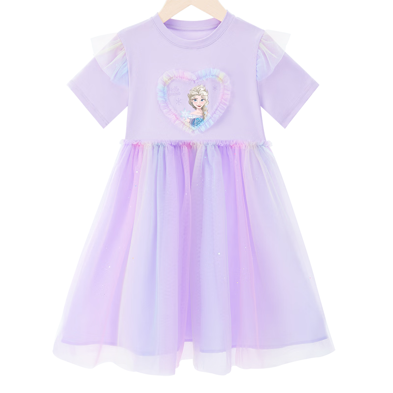 Disney Girls' Summer Dress, New Style for 2026, Elsa Princess Dress, Tulle Skirt, Frozen, Purple, Size 130