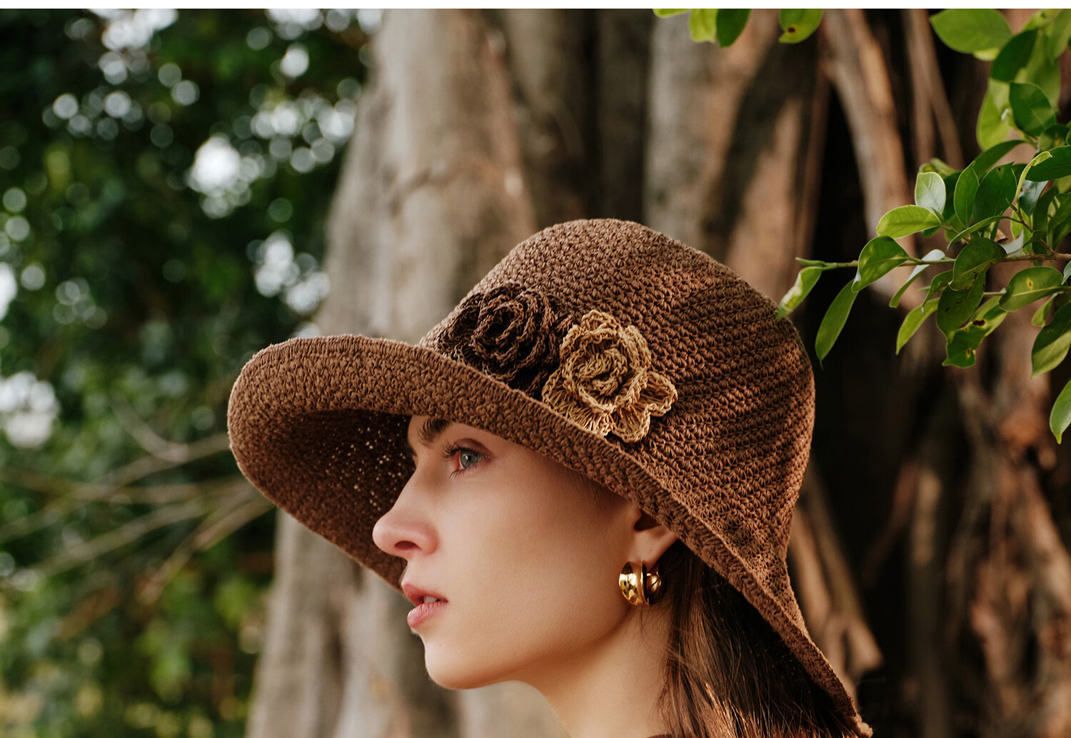 FANCET Women's Hand-Crocheted Straw Hat Spring Summer French Elegant Beach Vacation Floral Foldable Sun Hat 21