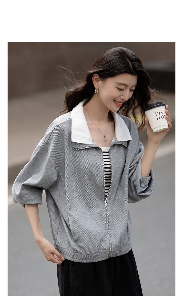 Demana [Instant Out Series] Spring Cloud Cotton Color-Block Lapel Drop Shoulder Loose Fit Petite Women's Jacket 11