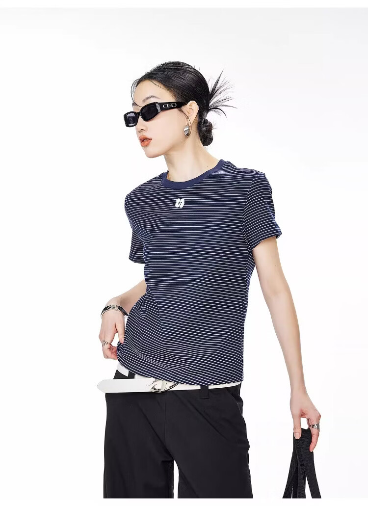 ICH MODE American Style Striped Slim Fit Short Sleeve T-Shirt for Women 2026 Summer New Hot Slim Shoulder Short Top White S 19
