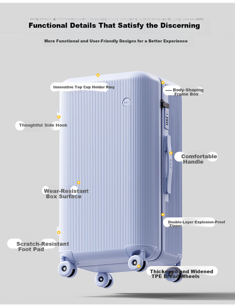 ZAT Innovative Plastic Frame Luggage Zipper Trolley Large Capacity Travel Suitcase Sit-able Password Lock Soft Matte White 24 Inch 4