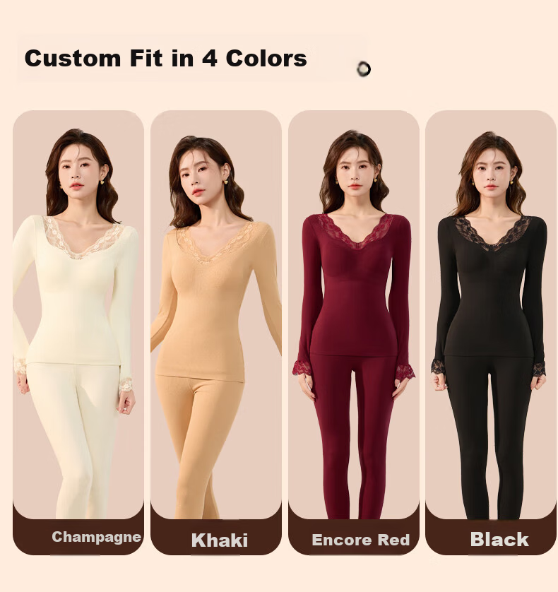 OEING Women's Thermal Underwear Lace V-Neck with Chest Pad Bra-Free Versatile Base Layer Autumn Warm Set 17
