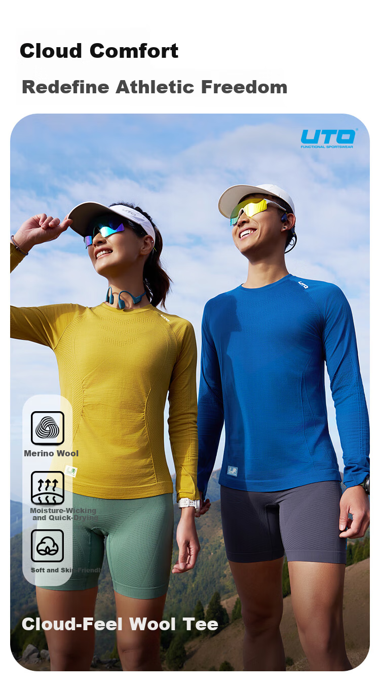 UTO Merino Wool Quick-Dry Breathable Long Sleeve Men's Sports T-Shirt Outdoor Running Classic Black M 1