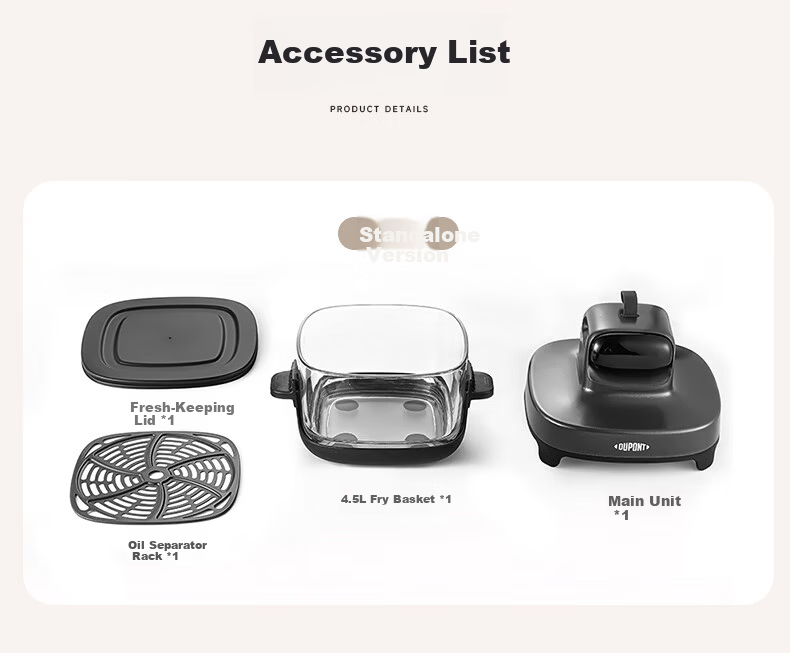 DU PONT Air Fryer 2026 New Model High Borosilicate Glass 0 Coating Visible Multifunctional Electric Fryer Non-stick Easy Clean Electric Oven Fryer and Roaster 4.5L No Flip 13