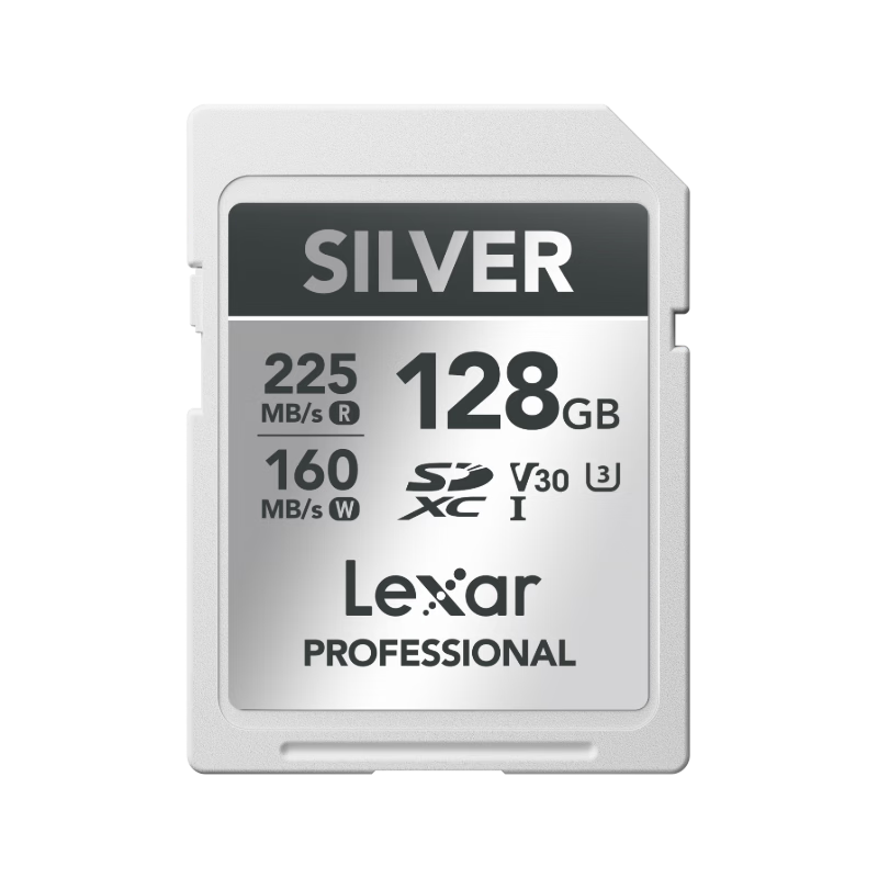 Lexar 128GB SD Memory Card, U3 V30, High-Speed SD Card for Canon Sony Fuji Nikon Cameras, Read 225MB/s, Write 160MB/s, 4K Ultra HD Recording, SD Silver Card