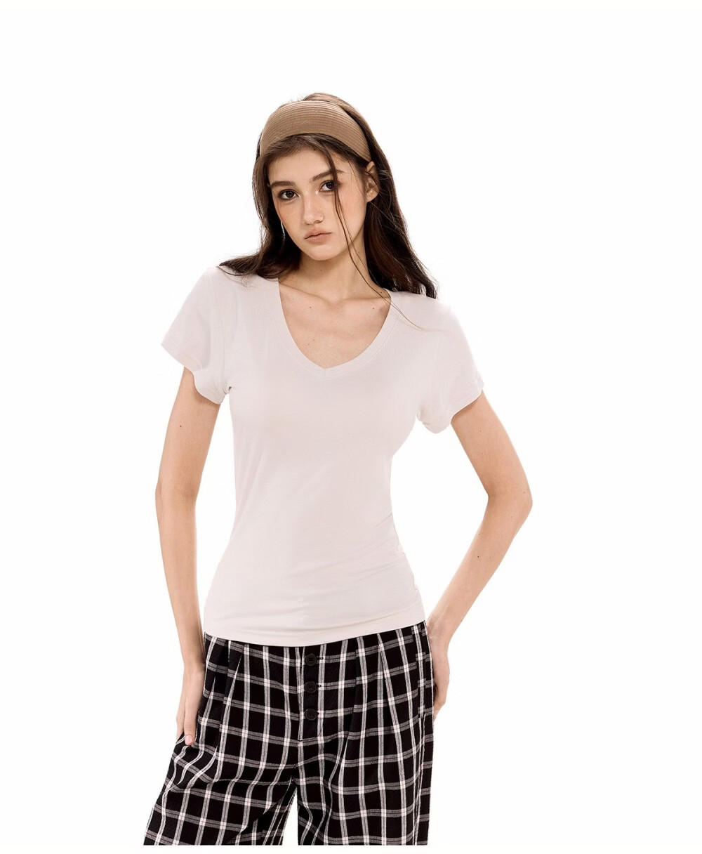 ICH MODE Slim Fit Stretch V-Neck Short Sleeve T-Shirt Women Summer New Casual Sports Shoulder Top Crop Light Purple M 19