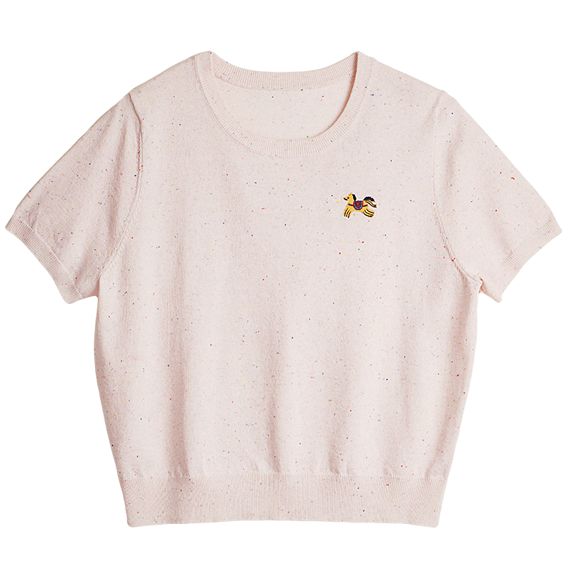 Olrain Casual Simple Color Dot Yarn Pony Embroidered Knit Pullover Women's Summer Top Purple L