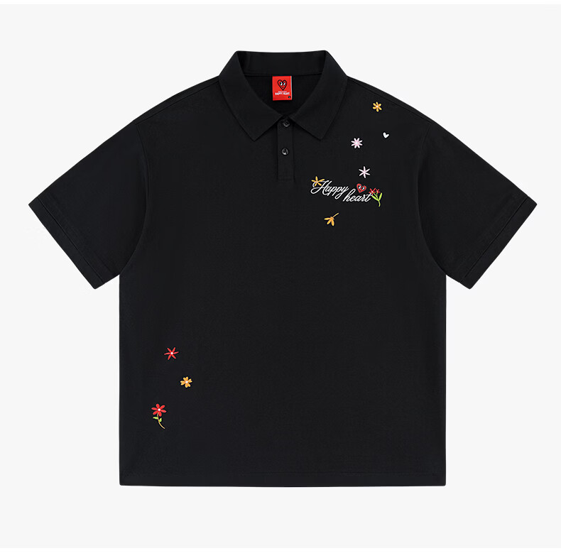 Charles Heart Trendy Floral Love Embroidery Couple Pure Cotton Short Sleeve Polo Shirt Casual Unisex Black XS 8