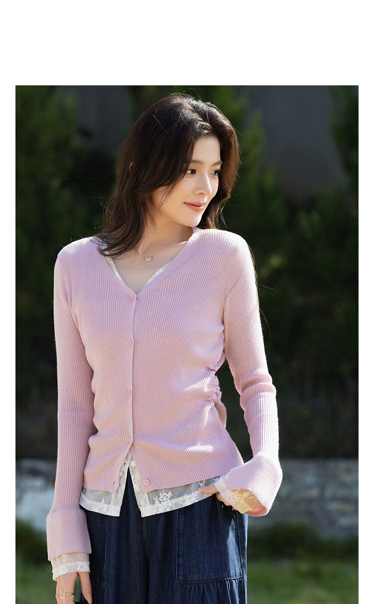 Demana Women's Slim Fit Spring V-Neck Knit Sweater with Lace Splicing, Faux Two-Piece Design, Mulberry Silk and Wool Blend 11