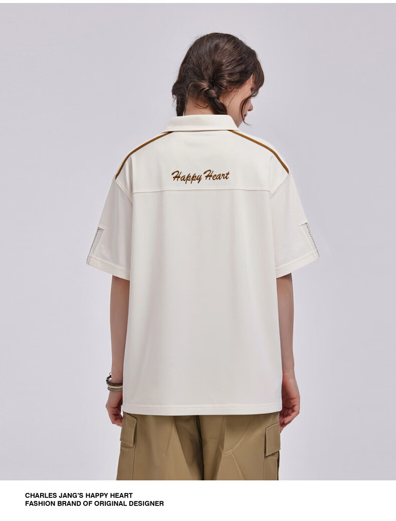 Charles Peach Heart Minimalist Luxury Embroidered Heart Short Sleeve Polo Shirt Unisex Summer Couple Casual Black XS 10