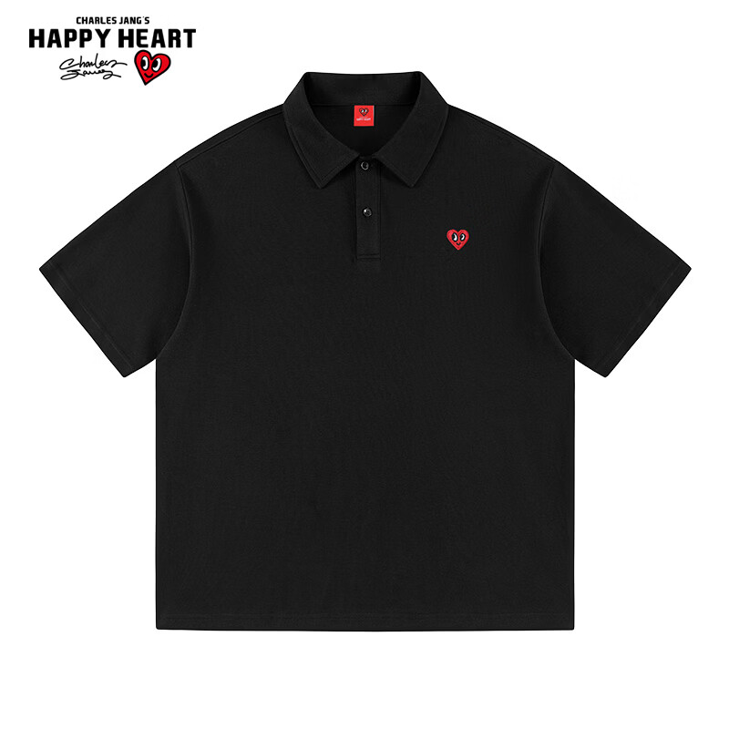 Charles Heart Summer Minimalist Campus Style Short Sleeve Polo Shirt Couple Casual Versatile Unisex Black XL