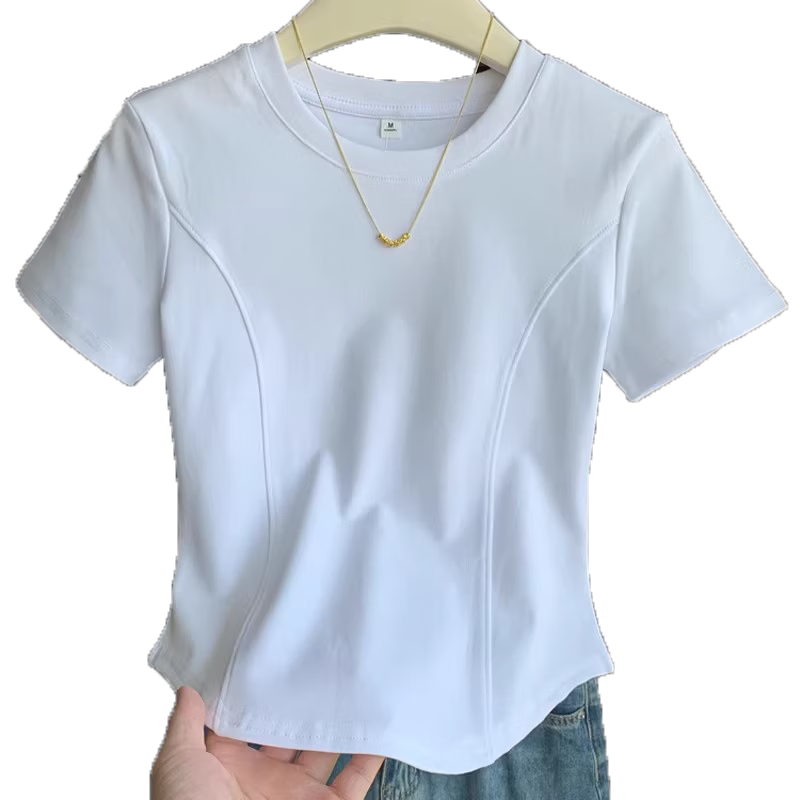 Woodpecker Women's Summer New Crew Neck Short Sleeve T-Shirt Black 2XL Slim Fit with Straight Shoulder and Fishbone Curved Hem Design