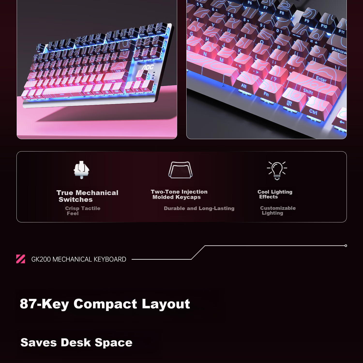 AOC GK200 Mechanical Keyboard Contour Side-Printed Wired Gaming Keyboard Hot-Swappable RGB Backlit 87-Key Anti-Ghosting Blackberry Pink Tea Switch 3