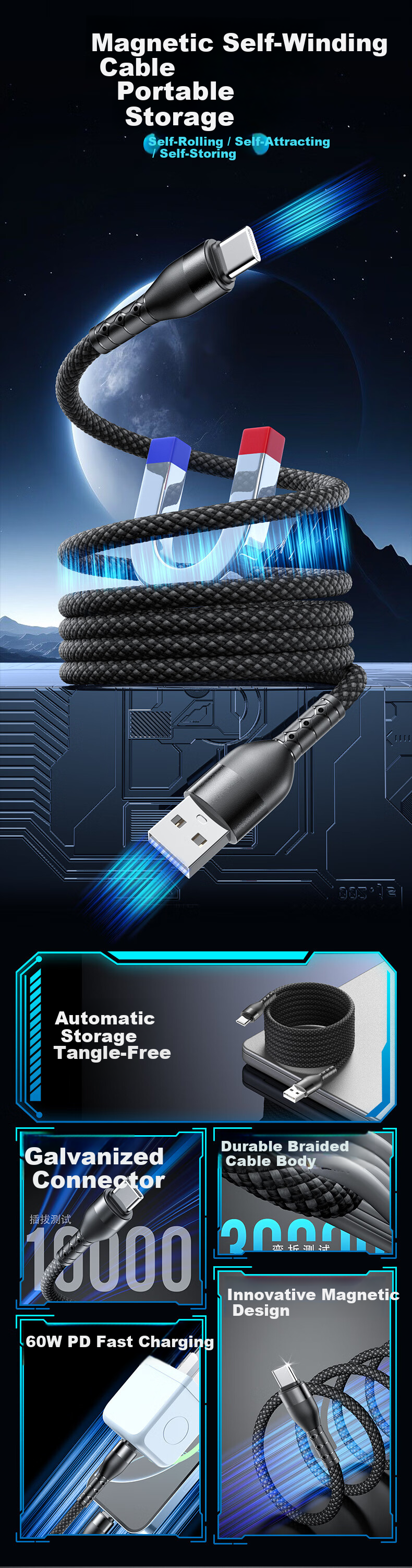 Jinling Shengbao Magnetic Type-C to Apple Dual-Head 100W Fast Charging Data Cable for iPhone 15 Pro Max, iPad, Huawei, 1m Starry Black 1