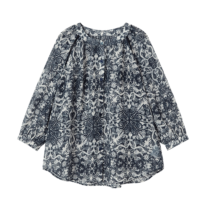 Demana Chiffon Printed Spring Lightweight French Style Round Neck Lace Trim Loose Slim Shirt for Women High-End Feel
