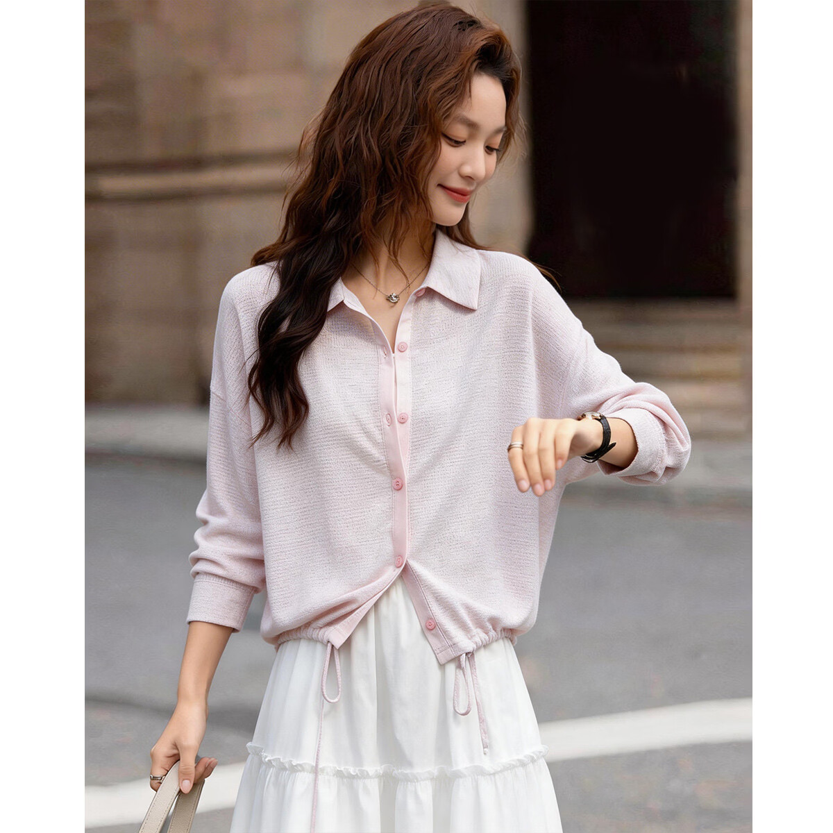 Demana Stylish Multicolor Yarn Effect Spring Korean Style Drawstring Spliced Loose Fit Petite Women's Shirt with Lapel Collar