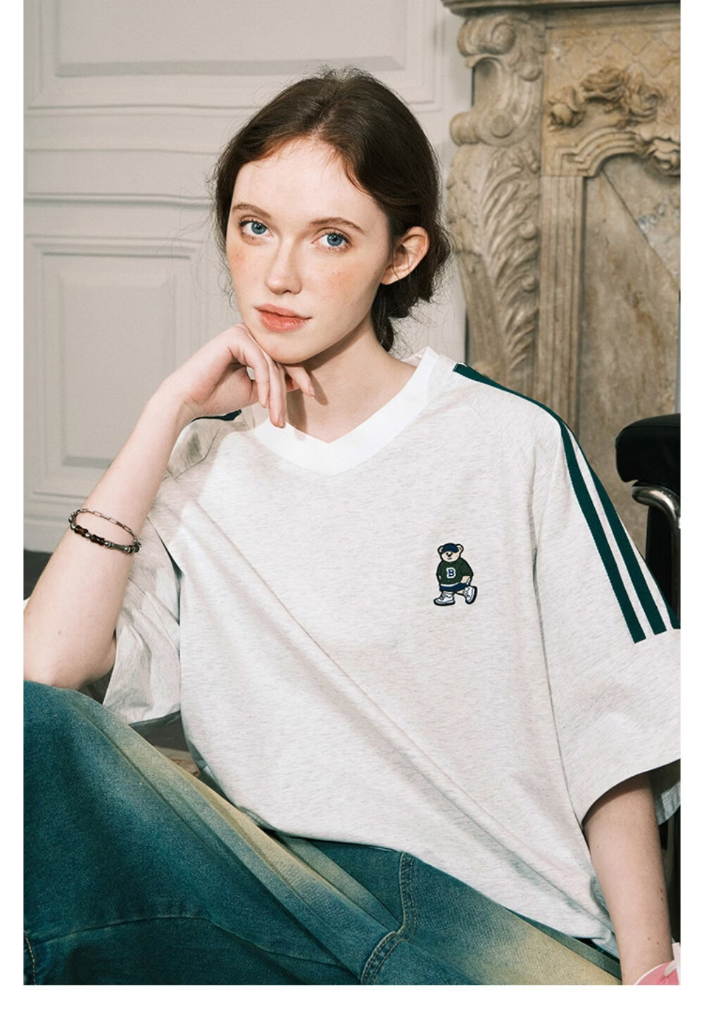 ICH MODE Raglan Stripe V-Neck Short Sleeve T-Shirt Women Summer Bear Series Sorona Cooling Top Black M 16
