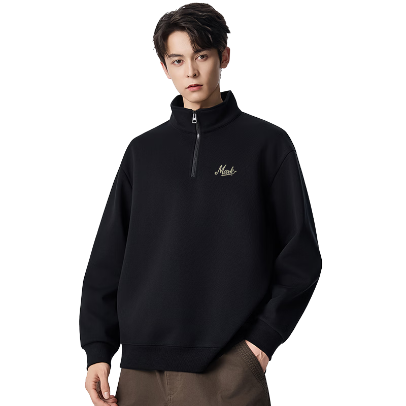 MARK FAIRWHALE Men's Half-Zip Stand Collar Sweatshirt Autumn Winter 2025 New Wrinkle-Resistant Commuter Fleece Jacket Black M