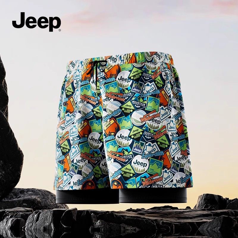 JEEP Double-Layer Men's Swim Trunks Surfing Beach Hot Spring Swimming Anti-Embarrassment [Double-Layer Swim Trunks] Spectrum Storm 2XL