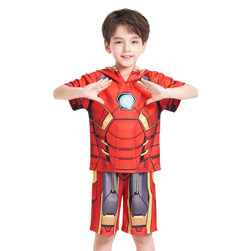 Disney 2026 New Summer Iron Man Mask Boys Hooded Short Sleeve T-Shirt and Shorts Set 110CM Children's Day Gift