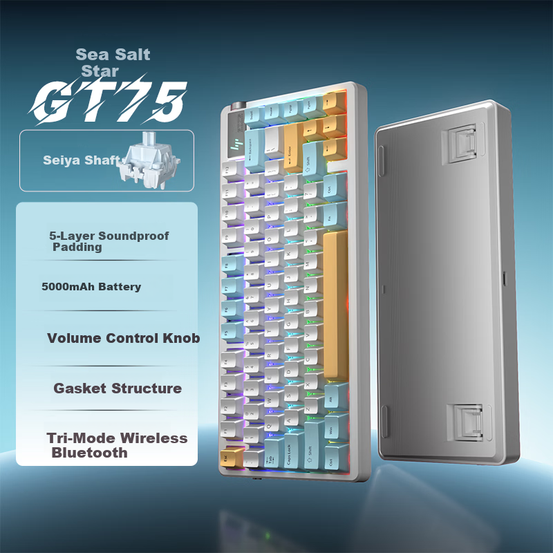 HP GT75 Mechanical Keyboard Wireless Wired Bluetooth Tri-Mode Gasket Custom Gaming Keyboard E-sports Computer Office 75-Key Layout with Knob Sea Salt Star Switch