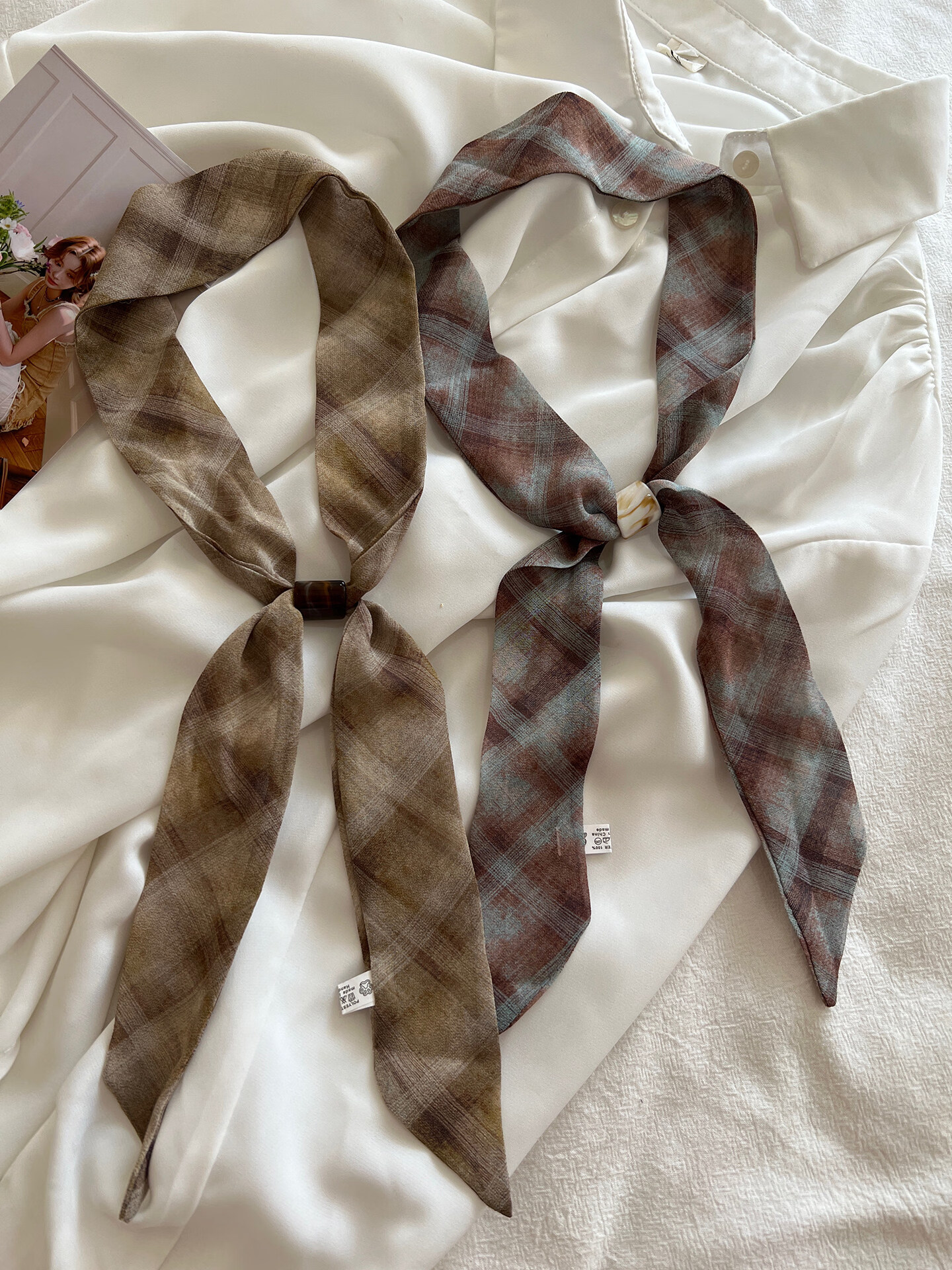 Spapani Premium Korean Style Beaded Silk Scarf Necklace for Women Spring Summer Versatile Thin Narrow Long Neck Scarf Hair Tie Accessory 3