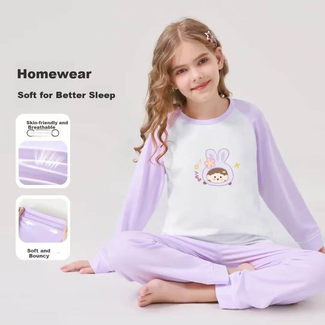 Yiershuang Children's Pajamas Girls Spring Summer Long Sleeve Homewear Set Big Kids Teen Girls Comfortable Breathable Air Conditioning Clothes
