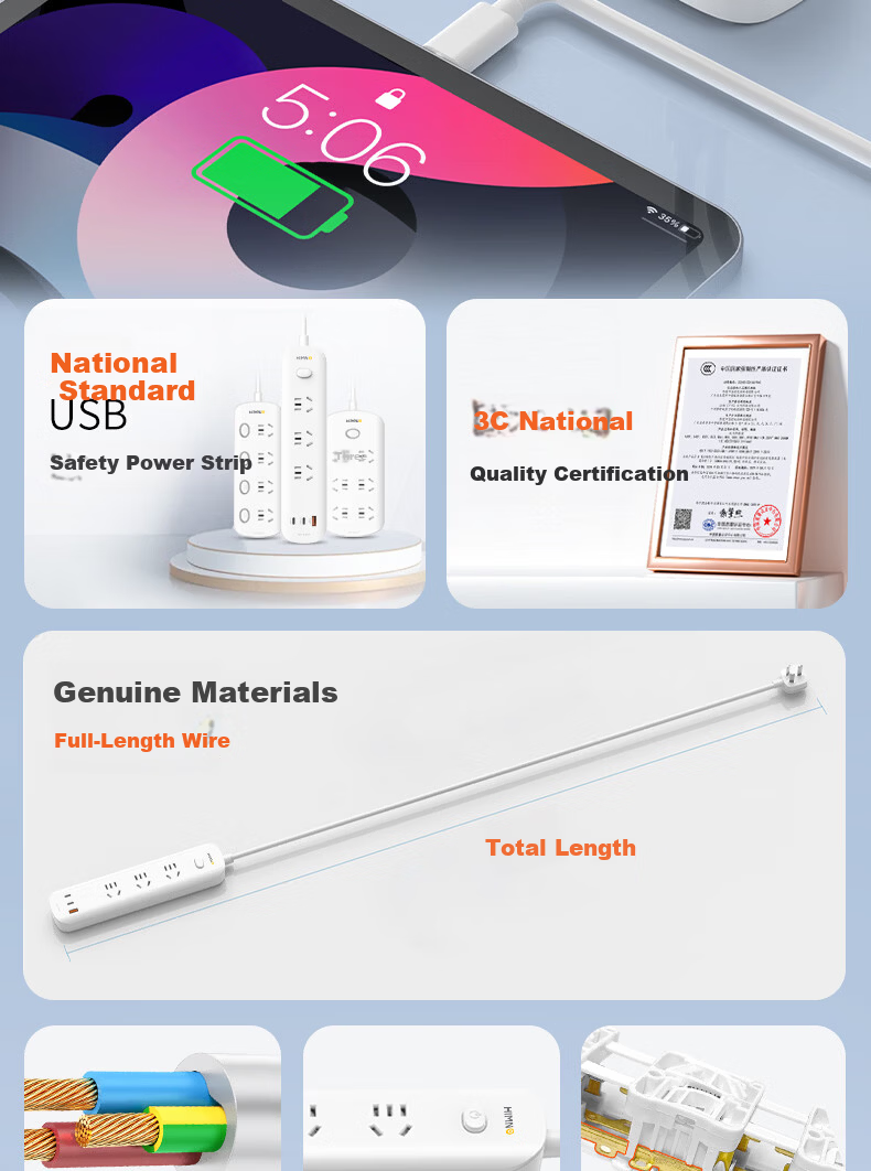 Ximino Digital Power Strip USB Multi-Port Extension Cord PD 20W/65W Socket Board Home Multifunctional Socket Master Control 3 Outlets 65W 1.5m 2
