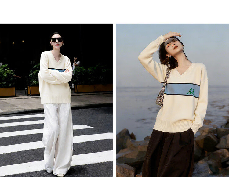 MT Warm Soft Yarn Spring Simple Colorblock Jacquard V-Neck Loose Knit Sweater for Women 11