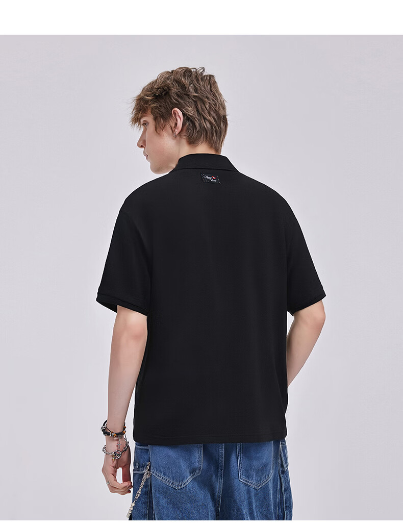 Charles Heart Trendy Floral Love Embroidery Couple Pure Cotton Short Sleeve Polo Shirt Casual Unisex Black XS 5
