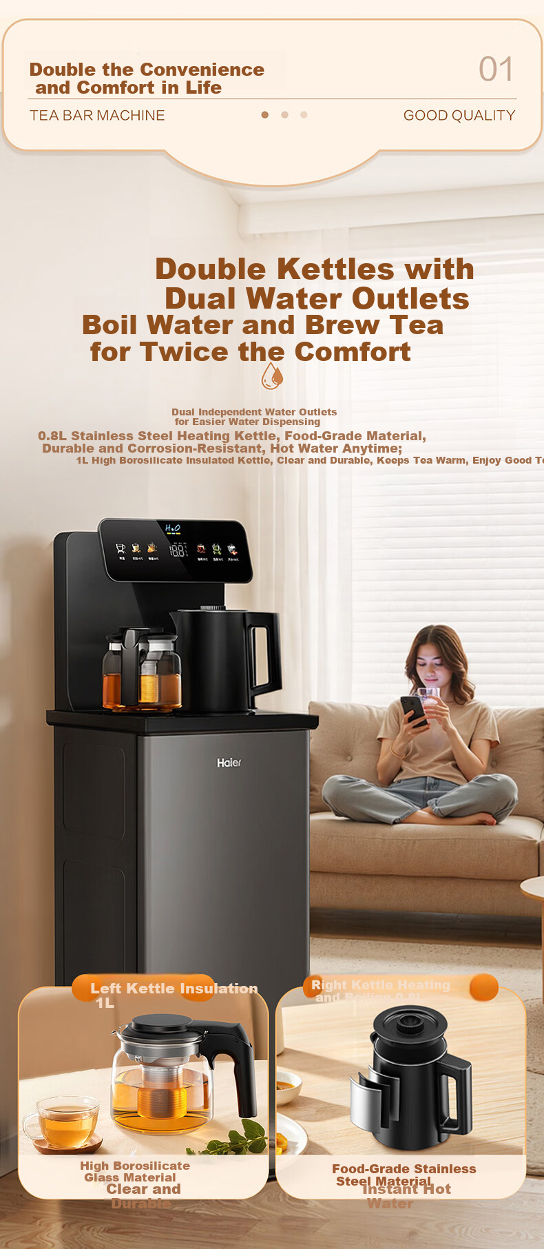 Haier Little Star Tea Bar Water Dispenser Home High-End Living Room Electric Kettle Integrated Automatic Water Supply Bottom-Loading Water Bucket Fully Automatic Smart Tea Bar Cabinet Warm and Hot Mod 5