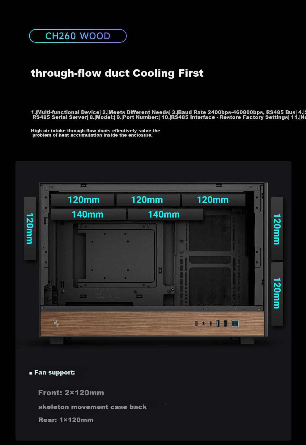 DEEPCOOL CH260WOOD Black Case Compatible with Backplate Motherboard / 360mm Water Cooling / ATX Power Supply / 174mm Air Cooling / Wood Grain Finish I/O Interface 6