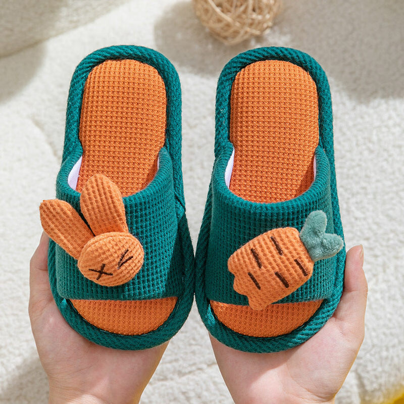 Ganmai Children's Linen Slippers Girls Summer Home Couple Cartoon Parent-Child Four Seasons Indoor Cool Slippers Dark Green Size 24-25