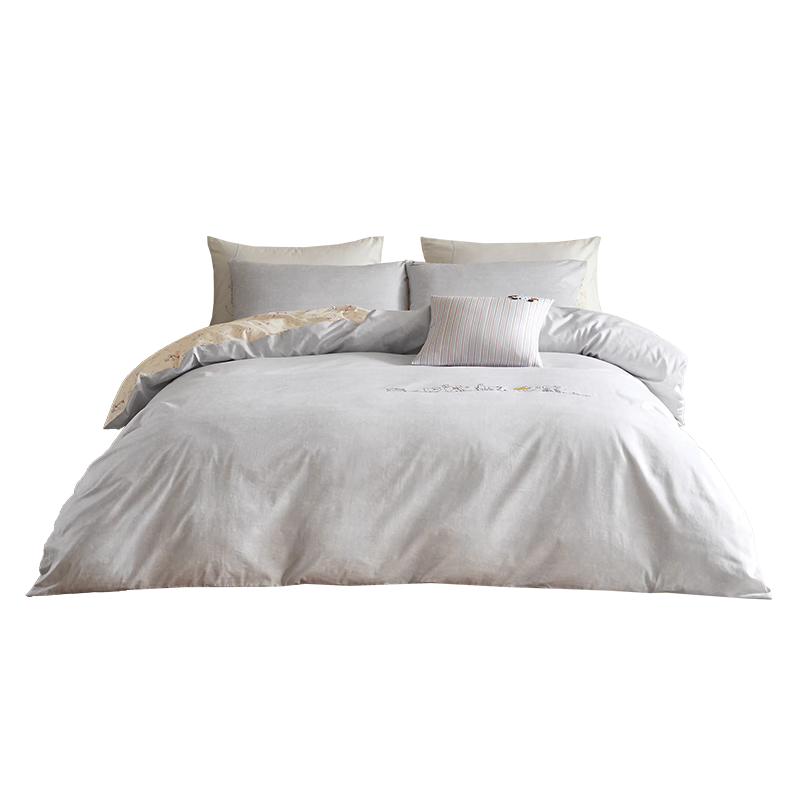 Luolai Home Textiles 100% Cotton Four-Piece Bedding Set Double-Sided Simple Puppy Design 200x230cm Gray