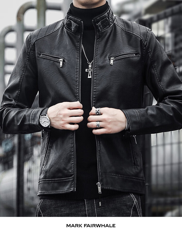 MARK FAIRWHALE Men's Leather Work Jacket Spring Autumn Stand Collar Biker Coat Coffee M 3