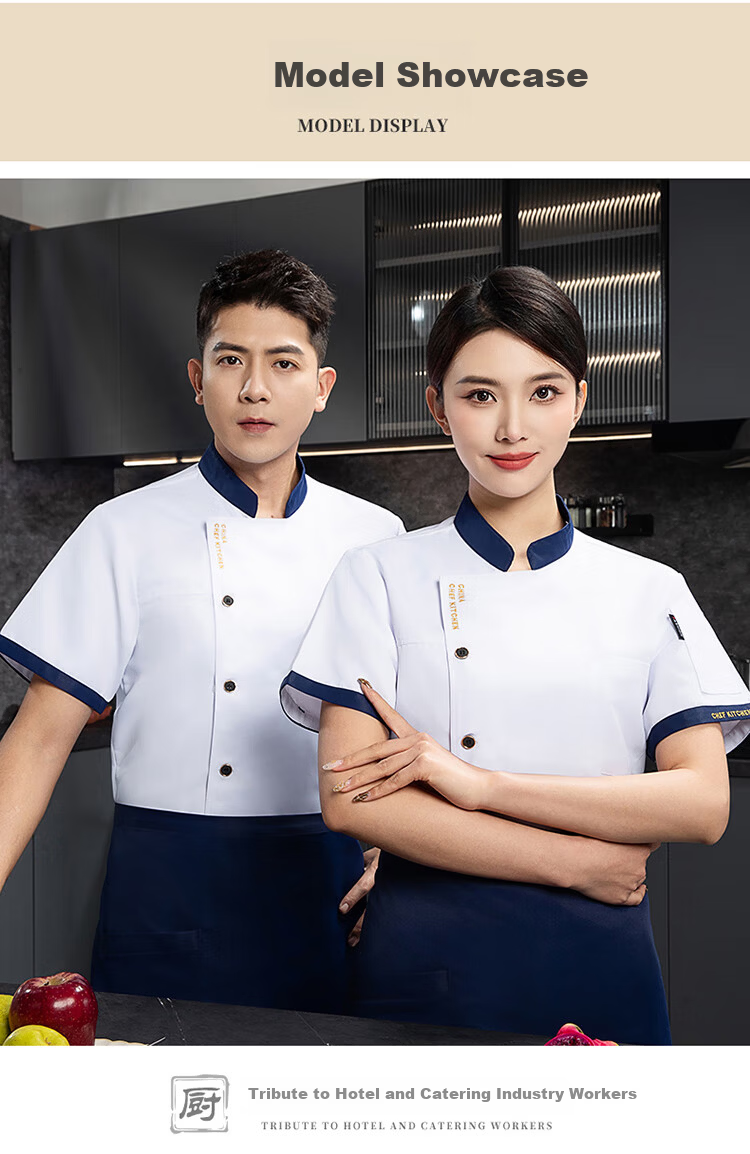 HANMANKE Summer Chef Workwear Short Sleeve Set Men Kitchen Uniform Work Clothes Custom Black Single Top 2XL 17