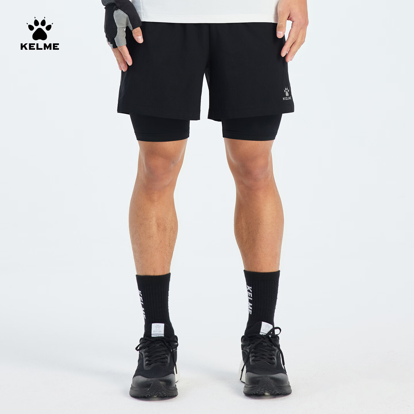 KELME Quick-Dry Men's Running Training Fitness Compression Antibacterial Two-in-One Sports Shorts Agate Black S