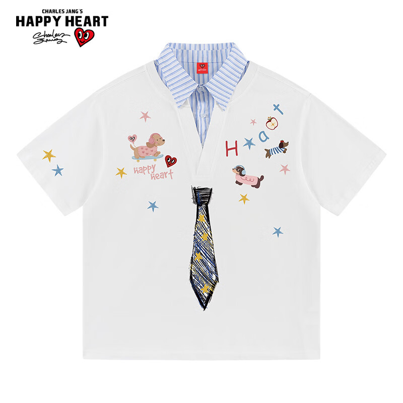 Charles Peach Heart Fake Two-Piece Cartoon Graffiti Tie Print Unisex Cotton Couple Short Sleeve Polo Shirt Off-White XS