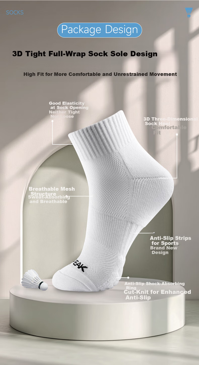 Peak Men's Badminton Socks Towel Bottom Sports Short Socks Moisture Absorption Odor Resistant Pure Cotton White 3 Pairs One Size 8