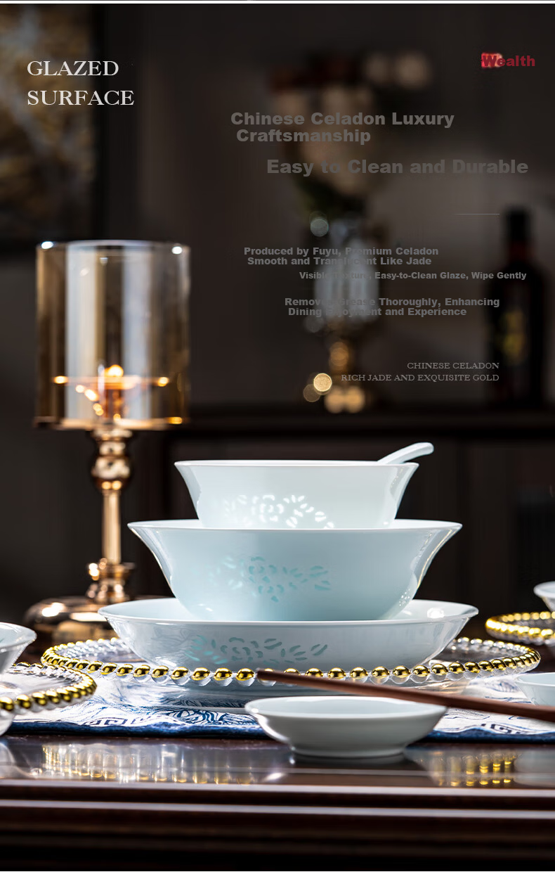 Fuyu Ceramics Jingdezhen Celadon Exquisite Porcelain Dinnerware Set Underglaze Color Bowls and Plates Home Set Gift Qing Celadon Jade Peony 16-Piece 5