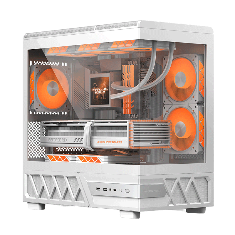 Golden Field Parallel World M Edition White No Pillar Seaview Case Airflow Cooling Quick Release Design MATX/360mm Water Cooling Support 10Gbps Type-C Mesh Panel