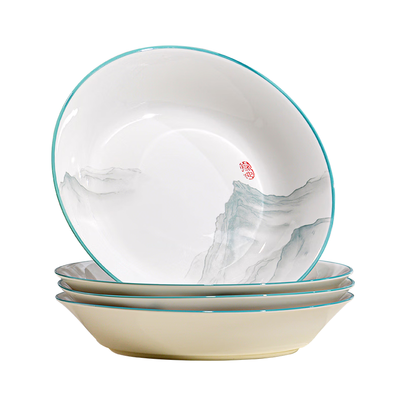 DISHWEER Ceramic Plates Set of 4, 8-Inch Household Dinner Plates, Salad Plates, Soup Plates, Blue Mountain Design