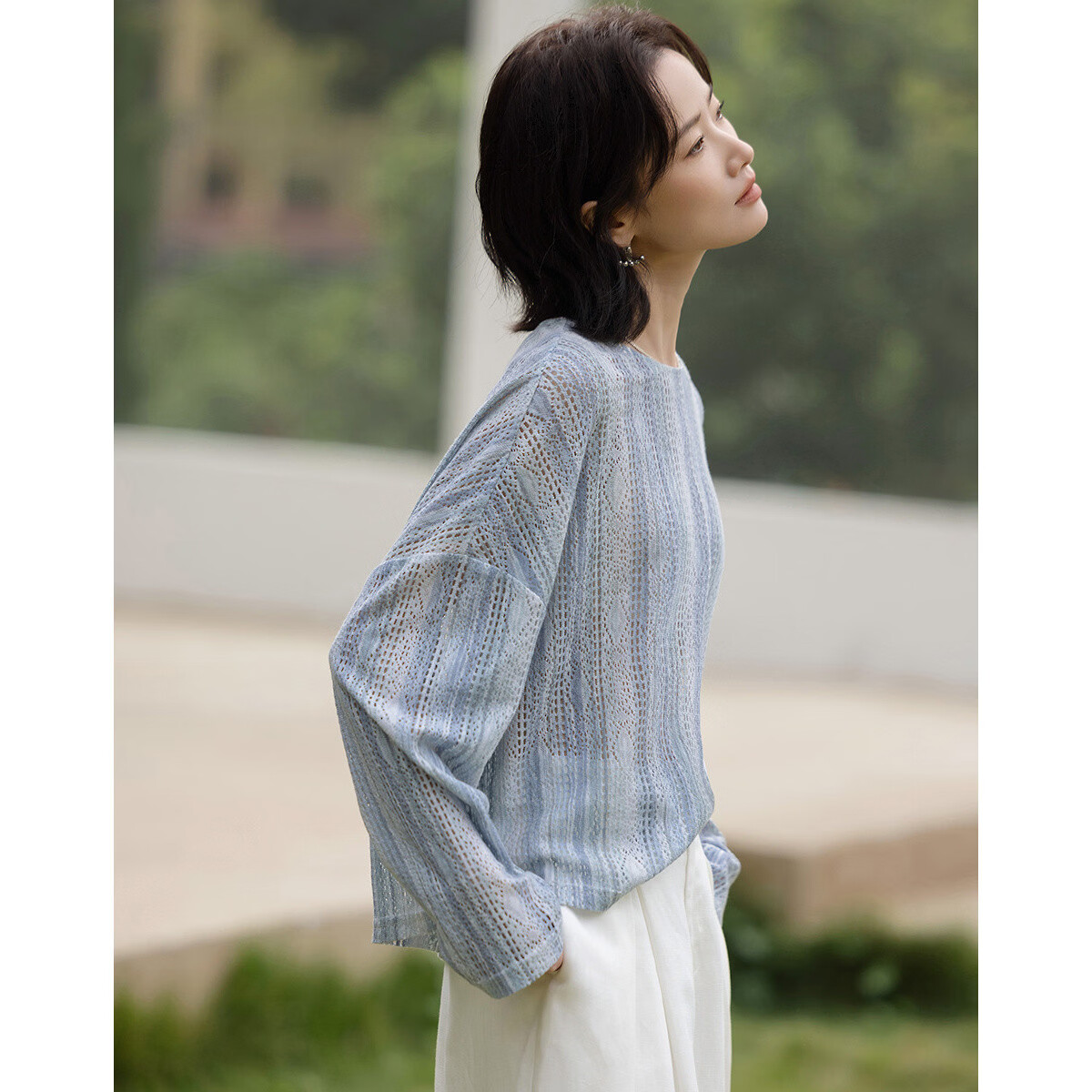 Demana [Cloud Soft Cotton Blend] Spring Lightweight Crew Neck Hollow Lace Printed Loose Fit Petite Women's Shirt