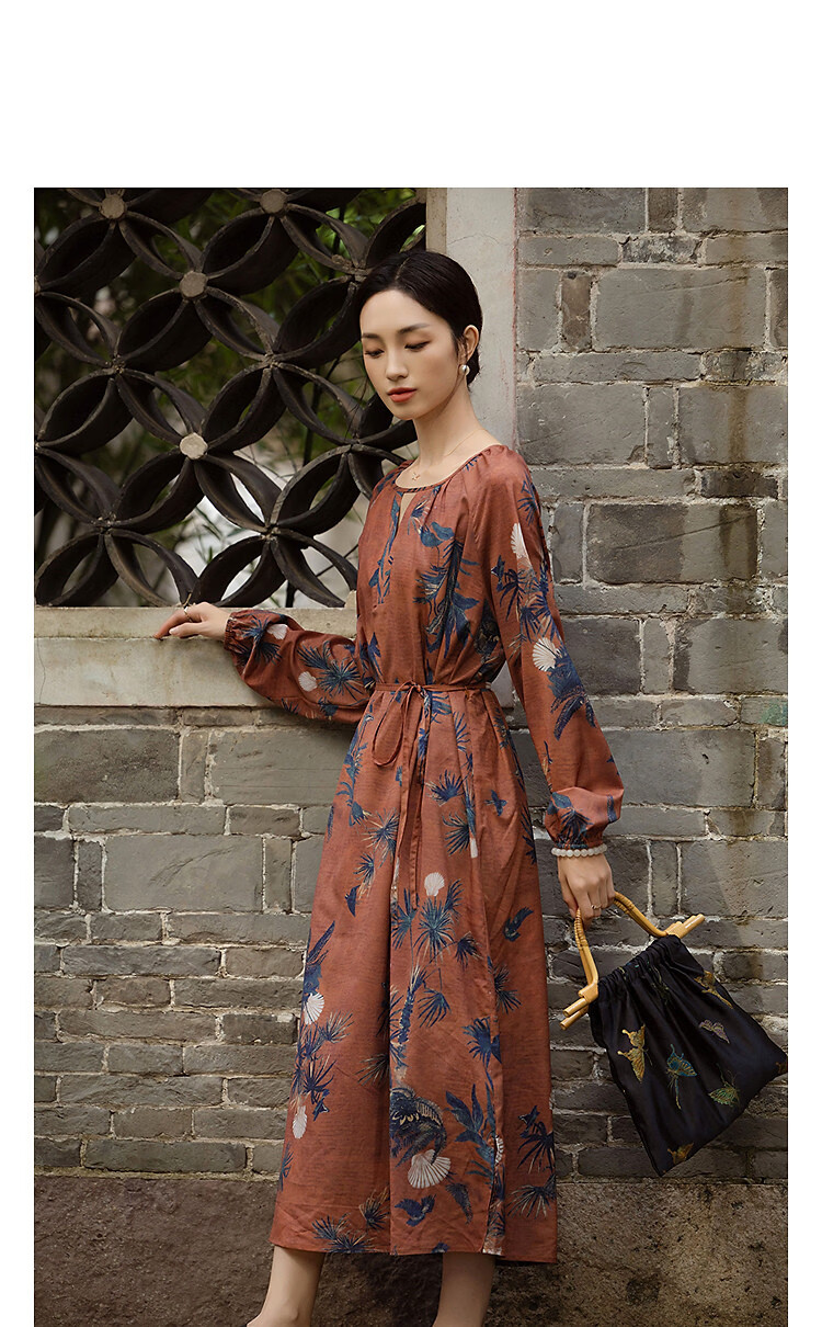 Demana Soft Mist Gloss Spring Romantic Elegant Crew Neck Printed Slit A-Line Petite Loose Women's Dress 11