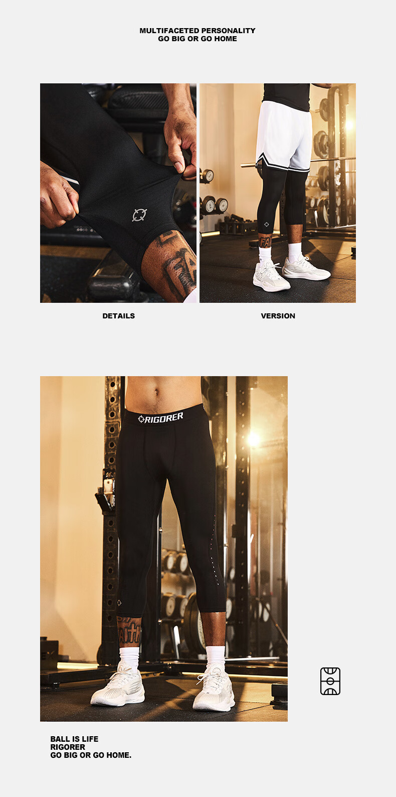 RIGORER Men's Compression Shorts, Sports Training Three-Quarter Length Compression Pants, Sweat-Wicking Breathable Quick-Dry Elastic Running Basketball Fitness Shorts for Me 3