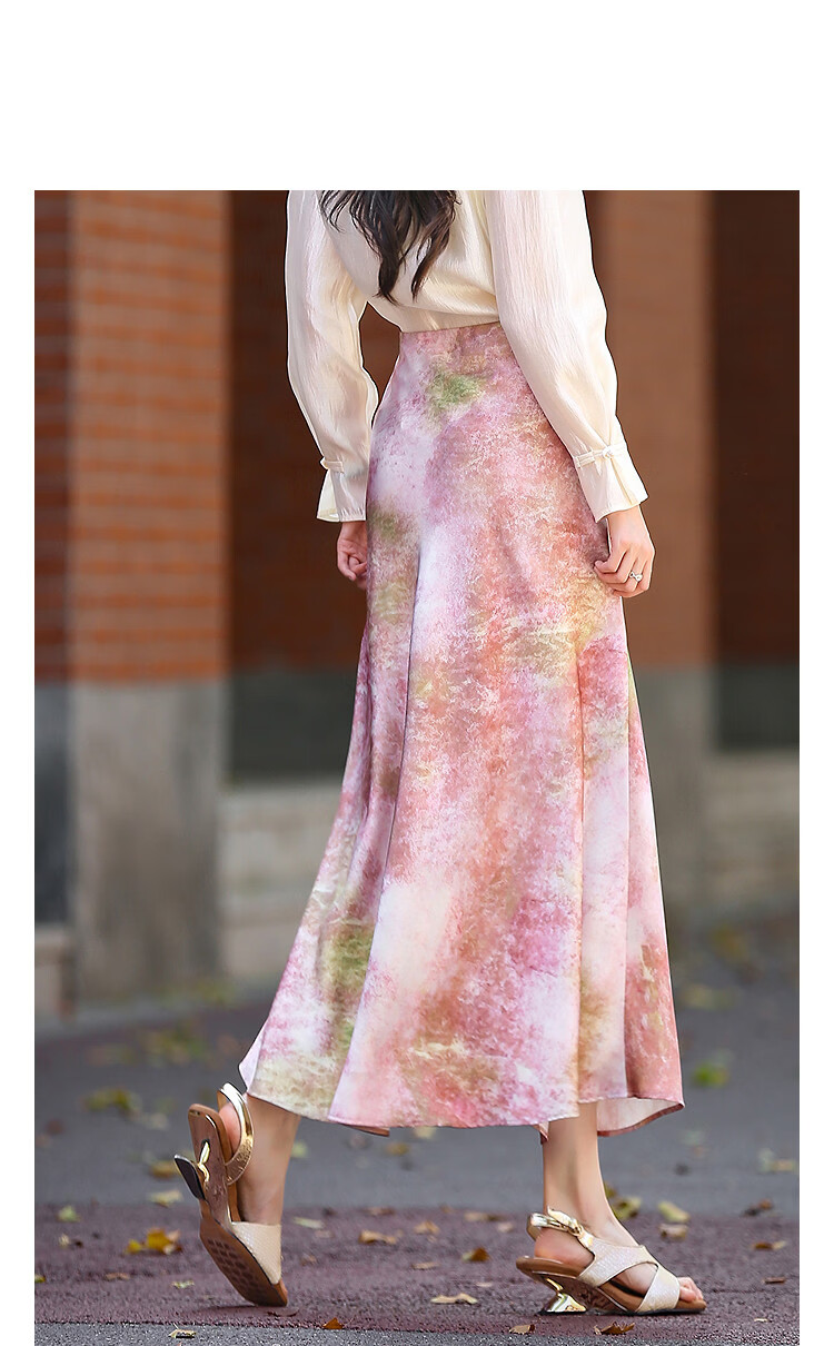 Demana [South France Canvas] Spring Elegant Lady Elastic Waist Tie-Dye Print Mermaid Hem Petite Women's Skirt 9