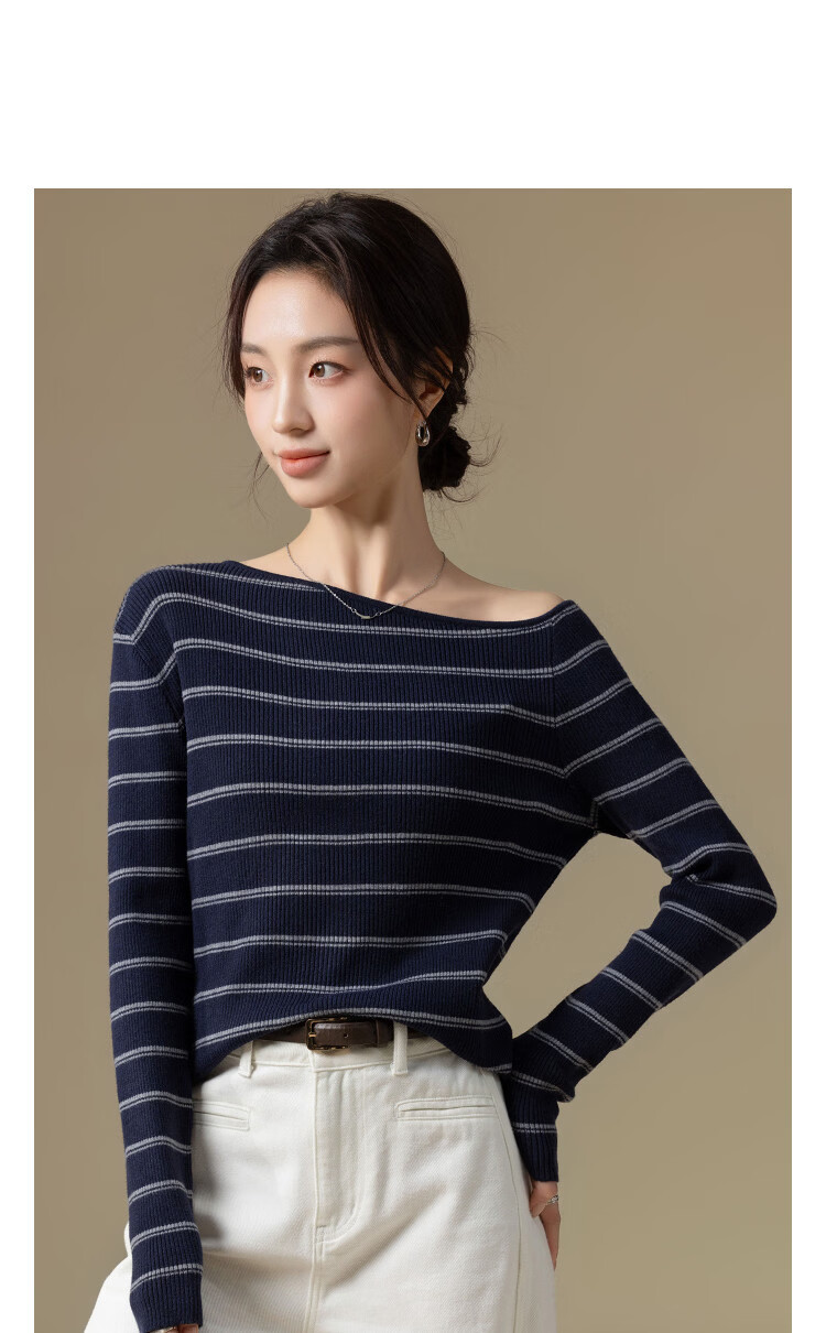 Demana Salt Series Pop Poetry Spring Retro Style Asymmetric Collar Striped Soft Stretch Slimming Concealing Knit Sweater for Women High-End Feel 11