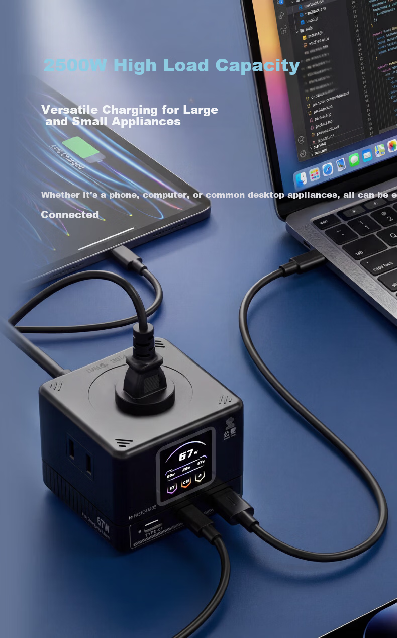 Gongshe Smart Digital Display GaN 67W Fast Charging Mini Socket / Type-C Desktop Charging Station / Gaming Power Strip / USB Power Strip Compatible with iPhone 17 2C1A+6 Outlets 2500W 5
