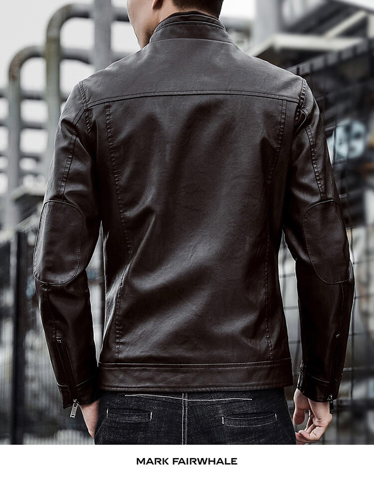 MARK FAIRWHALE Men's Leather Work Jacket Spring Autumn Stand Collar Biker Coat Coffee M 8